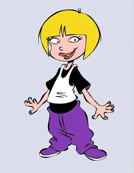 nazz,blonde hair, short hair, 1girl, shirt, solo,, smile, pants, t-shirt purple pants, lipstick, <lora:NazzIllustrious1.0JLFO:1> simple background,, looking at viewer,