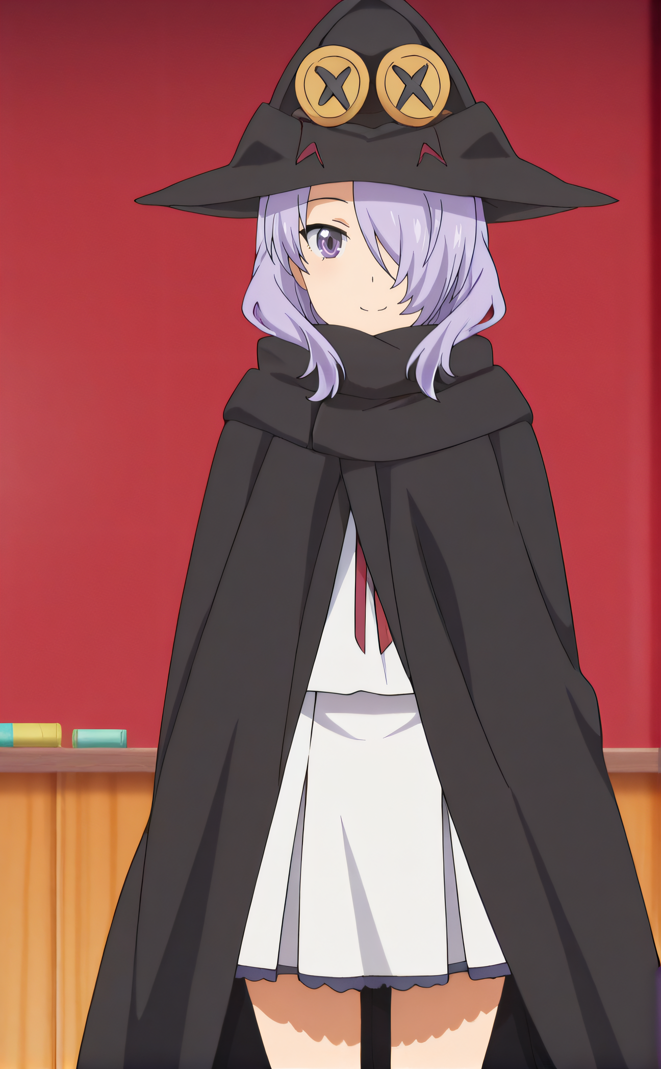 masterpiece, best quality, highres, newest, 1girl, solo, official style, anime screencap, <lora:Nanako:1>, nanako, purple hair, hair over one eye, purple eye, black hat, school uniform, black cloak, looking at viewer, expressionless, smile, indoor, cowboy shot