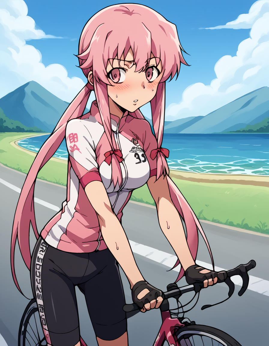 score_9, score_8_up, score_7_up, source_anime, <lora:yuno-gasai-s1-ponyxl-lora-nochekaiser:1>, yuno gasai, long hair, pink hair, pink eyes, sidelocks, ribbon, red ribbon, hair ribbon, twintails, medium breasts,, <lora:cycling-uniform-ponyxl-lora-nochekaiser:1> cycling uniform, bicycle, bike jersey, bike shorts, biker clothes, fingerless gloves, gloves, road bicycle, short sleeves,, road, mountains, ocean, blue sky, clouds, bent over, parted lips, sweat, steam, blush, cowboy shot,