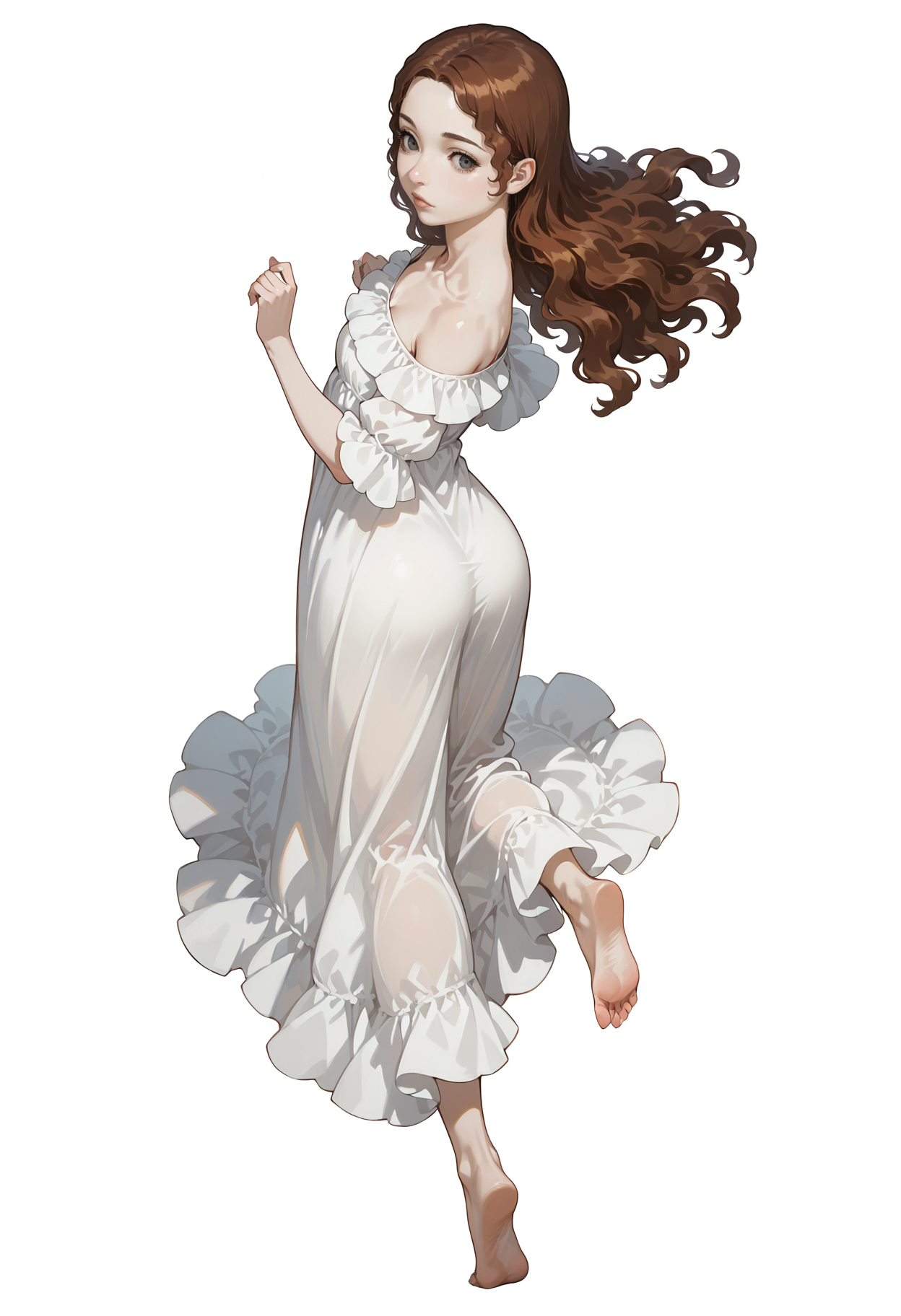 <lora:add-detail-xl:1>,masterpiece,best quality,absurdres,highres,detailed eyes,beautiful,detailed background,perfect eyes,realistic,
1girl,solo,dynamic pose,white background,full body,from behind,looking back,(from below:0.6),
<lora:Sharurotto:1>,brown hair,lips,grey eyes,brown eyes,black eyes,eyelashes,red hair,barefoot,dress,long hair,white dress,bare shoulders,off shoulder,off-shoulder dress,nightgown,collarbone,wavy hair,