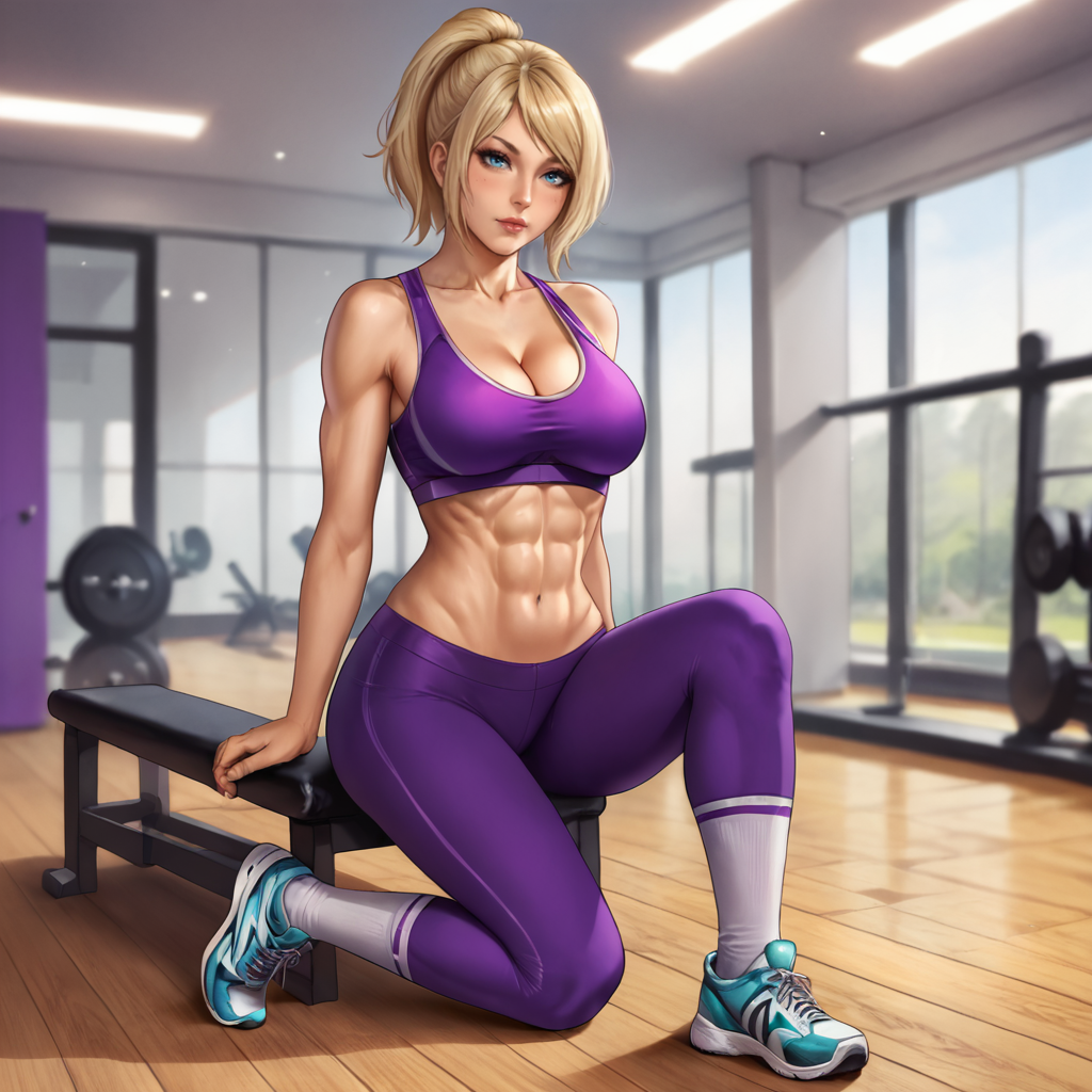 <lora:ashleyre4remake_pony_v1:.8>  Ashley, 1girl, solo, short hair, blonde hair, blue eyes, lips, bob cut,  cowboy shot, cowboy shot,, abs, socks, purple pants, ponytail, sports bra, pants, shoes, sneakers,  navel, cleavage, midriff, yoga pants, sportswear,