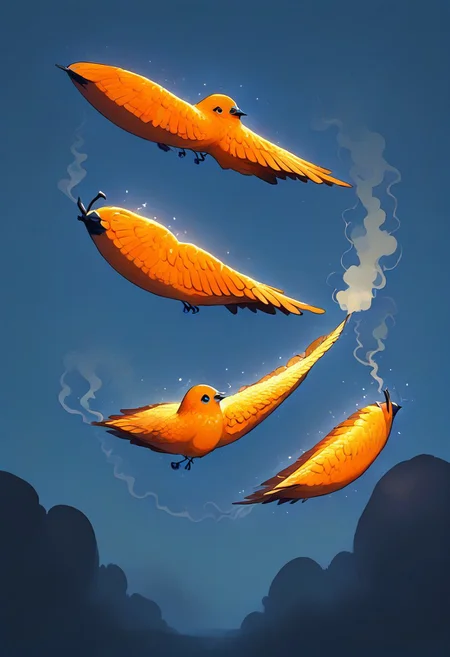 (masterpiece, best quality, high quality, good quality), Steam train made of orange peel on tracks, it's body is crafted from orange peel, smoke made of orange peel, blue sky, happy, humming, musical note, rainbow, sparkle, sunlight, bird, , pastel colors, colorful
,FFAnime Style, orange peel sinozick style