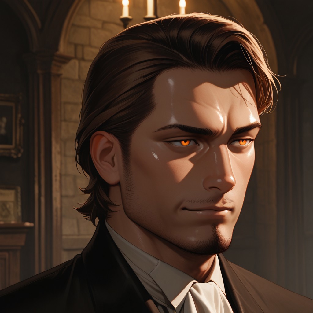 masterpiece, best quality, amazing quality, absurdres, newest, detailed background, definition so sharp, Ultra-HD, 8K cinematic, very awa, impressionate, amazing quality, highres, 
solo, male focus, manly, shadow, shiny skin,
shimonmakusu, shimon_brunette, shimon_orange eyes, 1boy, short hair, stubble, goatee, mature male, aristocrat, gloomy, regal, period_clothing, manor, dark_decor, cryptic_smile, enigmatic, distant, old_money, velvet, silver_fox, shadows, sophisticated