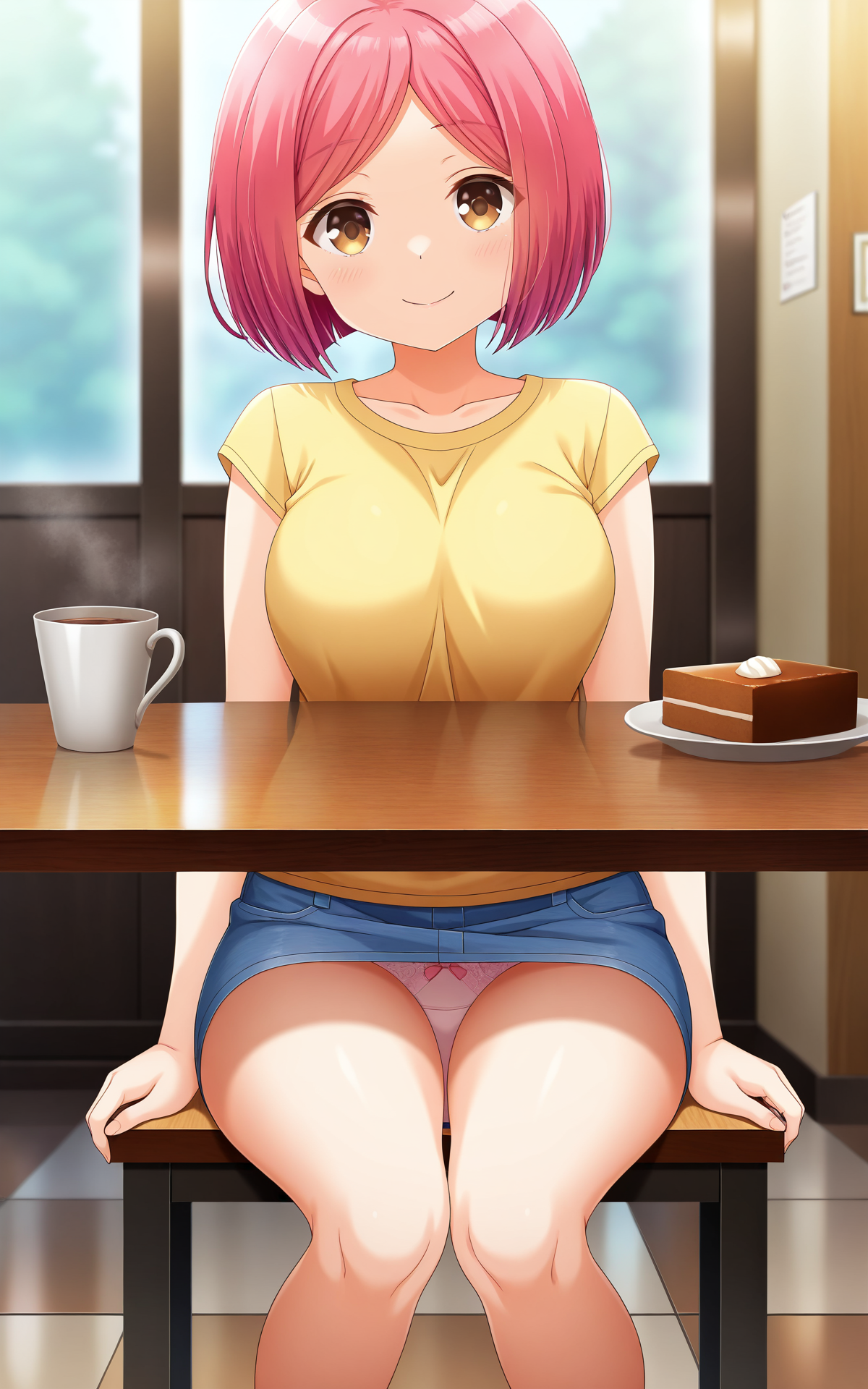 masterpiece, best quality, good quality, newest,4k, perfect lighting, cinematic, very aesthetic, official art, anime screencap, anime coloring,
1girl,solo,tachibana kyoko,pink hair,short hair,brown eyes,
t-shirt,short sleeves,denim skirt,miniskirt,panties,thighs,
looking at viewer,smile,sitting,pov across table,cafe table,cafe,facing viewer,arms at sides,BREAK
<lora:ILtachibana_kyoko:1>