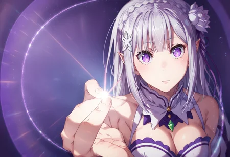 score_9, score_8_up, score_7_up, score_6_up,
BREAK
<lora:shiGojoHollowPurpleV1-000012:1.0>,
shifronthollow, looking at viewer, upper body, hand up,
1girl, solo,
<lora:shiEmiliaV2:0.9> shimilia, long hair, grey hair, purple eyes, pointy ears, crown braid, hair flower, hair ribbon, purple ribbon, x hair ornament, white dress, cleavage, bare shoulders, wide sleeves,