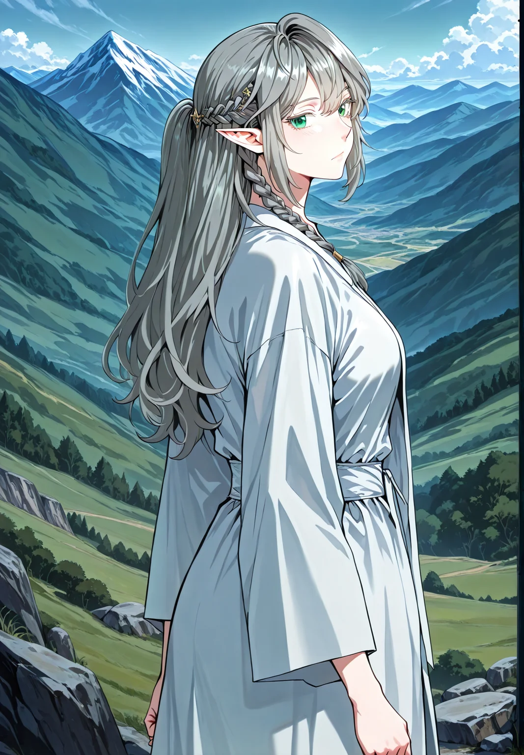 <lora:Tessia_Eralith__The_Beginning_After_the_End__Illustrious_v1-000008:1>
1 girl, solo, elf, pointy ears, green eyes, grey hair, braid, side braid, french braid, hair bettween eyes, bangs, long hair, ahoge
white robe, collarbone, hair ornament, barefoot
score_9, score_8_up, score_7_up, source anime, BREAK, cowboy shot, (from side), looking back, looking at viewer, overlooking mountain, high altitude, scenery, exterior, background, (solo), perfect hands, <lora:iLLMythG0thicL1nes:1>