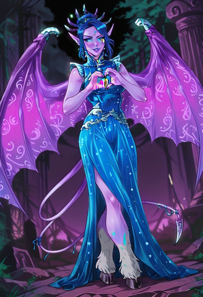 NocticulaTRQ, 1girl, solo, colored skin, purple skin, short hair, blue hair, horns, hair bun, bangs, blue eyes, nose, purple lips, pointy ears, earrings, long blue dress, dress ornament, cutout dress, large breast, sleeveless dress, demon wings, demon tails, hooves,
,seductive pose, sexy pose, tease, 
masterpiece, best quality, fine details, intricate details, depth of field, subsurface scattering, bokeh,
 ultra-detailed, very aesthetic, detailed background, newest, scenery, highres, absurdres, colorful, vibrant, glowing, perfect face, 2d, perfect eyes,  vibrant saturated colors, volumetric lighting, sharp, detailed eyes, perfect anatomy,  perfect face, perfect eyes, mature body, clear eyes, beautiful eyes, athletic, curvy body, athletic girl, perky tits, perfect tits, round breasts, pinup pose, teasing, lustful expression, perfect hands, 
muscular female, dutch angle, 
 cover page, foreshortening, expressive cute face, heart hands, 
,Smooth Negative, uncensored,
90s_anime_aesthetic, 1990s (style), retro, retro artstyle,dark_fantasy_style, dark fantasy, retro,