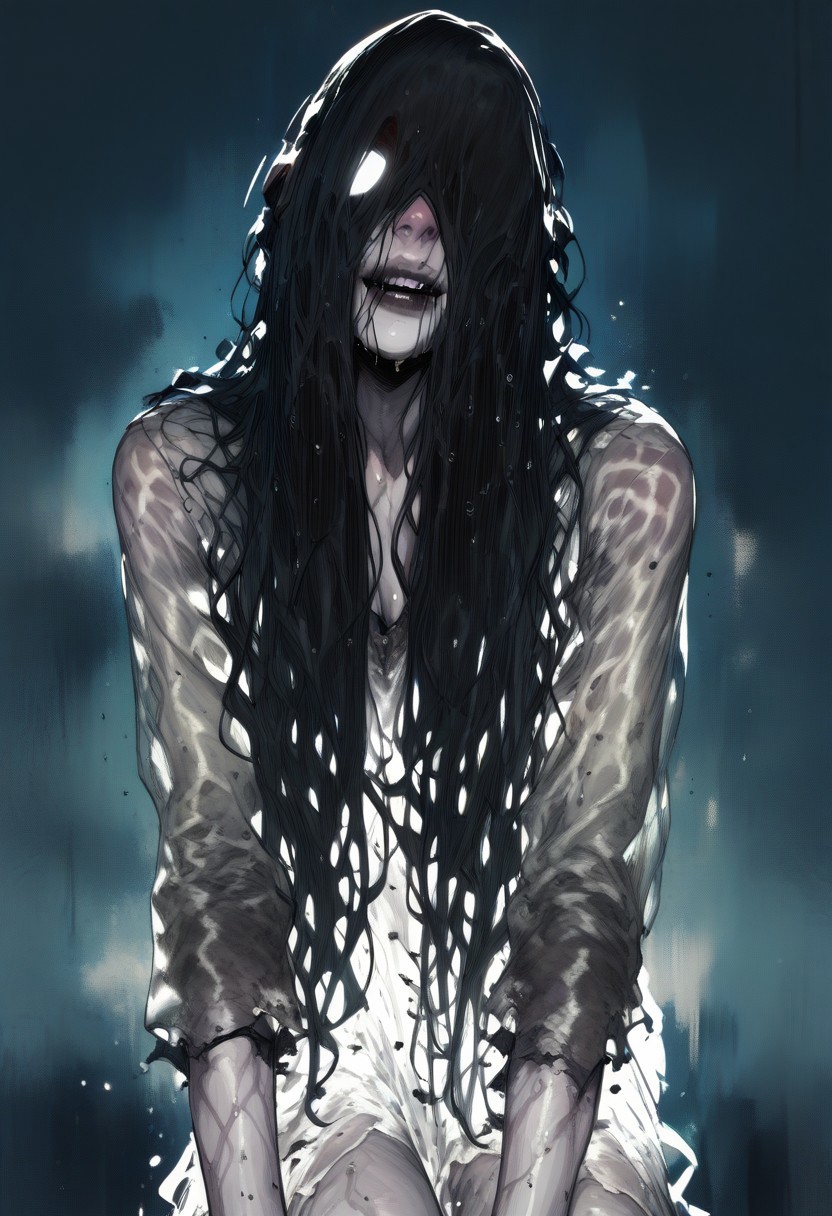 ((Rating_sfw)) , score_9, score_8_up, score_7_up, score_6_up, score_5_up, score_4_up,
best quality, highly detailed, intricate details, extremely detailed,
...
theonryoxl,long black hair,pale skin,white eyes,evil smile,very long hair,hair over one eyes,hair between eyes, dirty white dress with sleeves,skin tight, see-through shirt, sagging breasts,,wet clothes, dirt, <lora:TheOnryoS:0.9>,((convenient_sensoring)) 
...
(looking at viewer), thick lips, parted lips, screaming in agony,, sad expression, (full body),broken ,
...
abstract background,((night)) ,((old well))