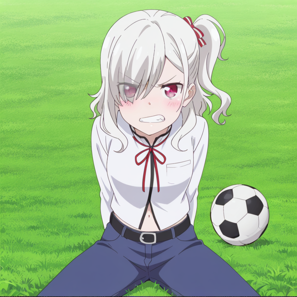 nsfw, masterpiece, best quality, 1girl, solo, warlords_of_sigrdrifa_komagome_azuzu, sitting, clenched teeth, soccer ball, teeth, pants, grass, neck ribbon, red eyes, ribbon, ball, one side up, blush, navel, parody, eyes visible through hair, shirt, belt, white shirt, arms behind back, blue pants, white hair, looking at viewer, angry, outdoors, side ponytail, long sleeves, red ribbon, hair over one eye,  <lora:Komagome_Azuzu_-_Warlords_of_Sigrdrifa:0.7>