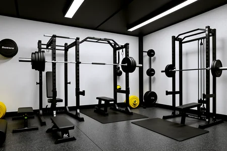no humans,no animals,Personal Strength Training Room, a compact home gym with a squat rack, resistance bands, and adjustable dumbbells. The room features black rubber flooring, functional storage for weights, and a simple design for an efficient, focused workout space.,, Masterpiece,best quality,realistic,HDR, 8K, masterpiece, best_quality, absurdres, ultra-detailed, highly_aesthetic, depth_of_field