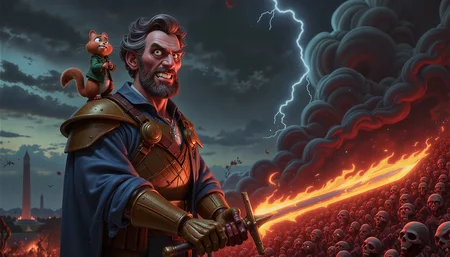 A hauntingly patriotic scene reminiscent of Frank Frazetta's heroic fantasy art mixed with the dystopian grandeur of Simon Stålenhag, where saturated reds and blues punctuate an otherwise monochromatic battlefield beneath a stormy sky. The composition is framed from a dramatic low angle with shallow depth of field, emphasizing Lincoln's towering figure against thunderous clouds, illuminated primarily by the fierce glow of his flaming sword and occasional lightning flashes that cast harsh shadows across his mechanical armor.

Lincoln's weathered face is contorted in righteous fury beneath his iconic beard, his deep-set eyes blazing with determination while his mouth opens mid-battle cry, revealing clenched teeth as veins bulge at his temples and neck.

The 16th president stands defiant in a steampunk-inspired exoskeleton of brass and iron that amplifies his lanky frame to imposing proportions, Union blue fabric torn at the shoulders where steam vents release pressure, his right hand clutching a medieval broadsword wreathed in supernatural flames while a cartoonishly angry chipmunk with puffed cheeks and raised tiny fists perches on his left pauldron. The undulating mass of decomposing zombies swarms up the bloodstained hillside in tattered Civil War uniforms from both North and South, their rotting hands reaching upward as they converge on the last defender of democracy, creating a churning sea of putrid flesh against a background of burning Washington monuments partially obscured by billowing smoke and ash.