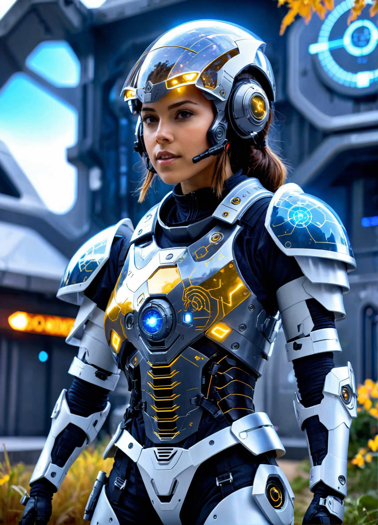 cybrk, young woman outdoors in front of a scifi outpost, highly detailed, exciting <lora:cybrk-knight:1.8>
