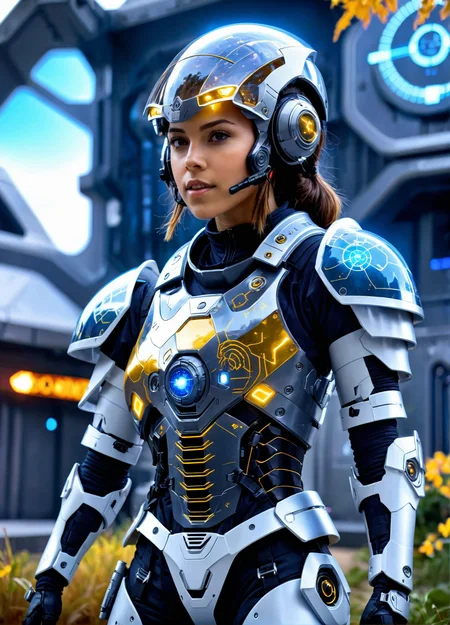 cybrk, young woman outdoors in front of a scifi outpost, highly detailed, exciting <lora:cybrk-knight:1.8>