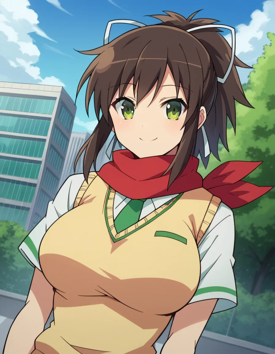 score_9, score_8_up, score_7_up, source_anime,
skasuka, <lora:sk-asuka-ponyxl-lora-nochekaiser:1>
asuka, brown hair, green eyes, ribbon, hair ribbon, ponytail, smile, large breasts,
skirt, school uniform, necktie, scarf, short sleeves, sweater, sweater vest,
outdoors, cityscape,
looking at viewer, dutch angle, cowboy shot