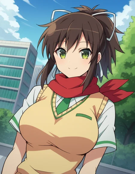 score_9, score_8_up, score_7_up, source_anime,
skasuka, <lora:sk-asuka-ponyxl-lora-nochekaiser:1>
asuka, brown hair, green eyes, ribbon, hair ribbon, ponytail, smile, large breasts,
skirt, school uniform, necktie, scarf, short sleeves, sweater, sweater vest,
outdoors, cityscape,
looking at viewer, dutch angle, cowboy shot