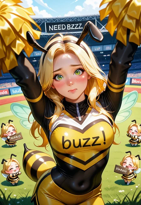 NEWEST, CONTRAPPOSTO, 2.5D REALISTIC, DETAILED FACE & EYES, PERSPECTIVE, SOLO FOCUS, ULTRA DETAILED EYES, EYE HIGHLIGHTS, masterpiece, BEST QUALITY, 1girl, solo, b33g1rl, Bee's wings bee's tail,
yellow and black stripe costume, bee's antenna
in American foot ball stadium, grass,
from above, wide angle,
bust up shot,
arms up higher, black and yellow zebra design arm sleeve,
Y-pose arms,
face profile,
tilt head,
shouting,
team of cheerleaders,
cheerleading tight clothing yellow clothing breasts under clothes slim sleeves long sleeves dyed blonde hair long hair green eyes embarrassed look closed mouth makeup pink lipstick
belly
covered navel
young
need_buzz holding cheerleading,
tight clothing, yellow clothing, breasts under clothes, slim sleeves, long sleeves, dyed blonde hair, long hair, green eyes, embarrassed look, closed mouth, makeup, (pink lipstick:0.6), belly, covered navel, young, need_buzz, holding sign
correct "need buzz" sign at signage screen on stadium,
twisting upper body. from diagonally side,
several fairies also performing this show,
(chibi fairies has correct "need buzz" sign board:1.3)
correct "need buzz" sign at uniform,
unholy-aesthetic, MASTERPIECE, BEST QUALITY, AMAZING QUALITY, VERY AESTHETIC, ABSURDRES, ultra DETAILED face, ultra DETAILED EYES,
BREAK
lazyreal