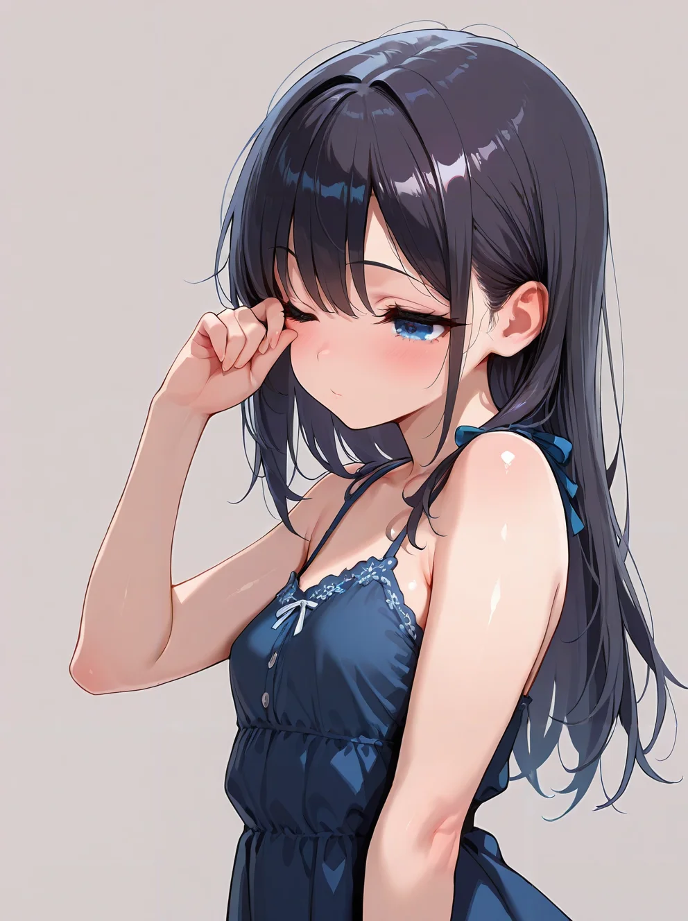 masterpiece,amazing quality,best quality,ultra-detailed,8K,illustration,CG,shiny hair,clear skin,ultra-detailed-eyes,simple background,cute girl, eyelashes <lora:rubbing eyes_illustrious_V1.0:1> rubbing eyes, one eye closed,dress