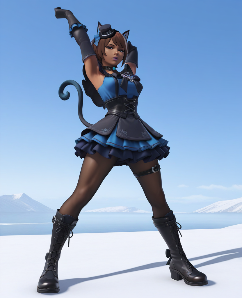 (masterpiece), (best quality), absurdres, intricate details, highres, 3d, <lora:Illari_BLACK_CAT_ILLUS-000009:0.6> , ill1, shoulder pads, 1girl, solo, black eyes, bangs, short hair, brown hair, gloves, mini top hat, dress, tail, braid, elbow gloves, cat ears, purple lips, frills, frilled dress, translucent clothing, hair bow, bow, skirt, choker, dark-skinned female, crown braid, corset, frilled gloves, bangs, cape, facial mark, looking at viewer, half-closed eyes, parted lips, arms up, stretching, armpits, dynamic pose, cowboy shot, pantyhose, boots, thigh strap,  full body, standing,