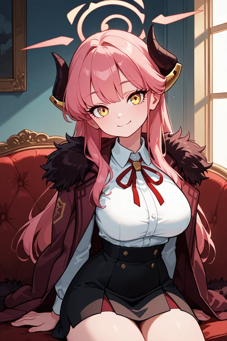 masterpiece, best quality, 1girl, solo, 21 year old model, eyelashes, (beautiful eyes), ,,,zzAru, yellow eyes, pink hair, long hair, demon horns, halo brown coat, white shirt, black skirt, red ribbon, fur-trimmed coat , <lora:AruBlueArchiveIXL:1.0>BREAK,,, smile, curvy, head tilt, sitting on couch, looking at viewer, cowboy shot, <lora:GoldenCATLoraIXL:0.6>, <lora:princess_xl_v2:0.3>,