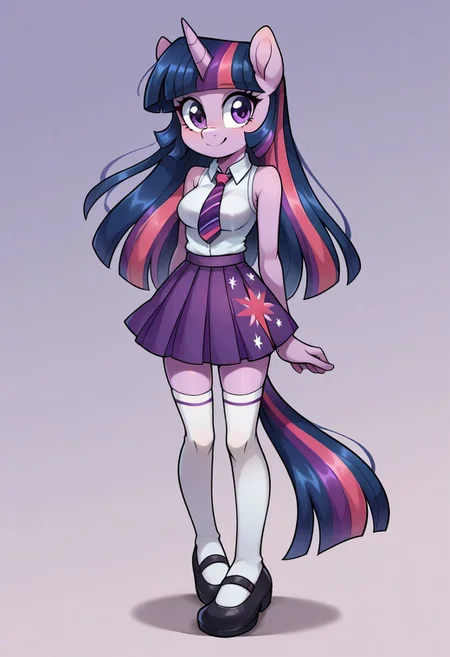 score_9, score_8_up, score_7_up, score_6_up, score_5_up, score_4_up, j3n, 1girl, solo, Full body, female, petite, furry, Twilight Sparkle, unicorn, purple pony, lilac fur, long hair, blue mane and tail, pink and purple stripe on tail and mane, short straight bangs, lilac horn, semi-short ears, pink star six pointed, medium breasts, pleated skirt, white shirt, purple tie, purple skirt, white thighhighs, sleeveless, collared shirt, purple mary janes, smile, standing, legs together, arms at sides