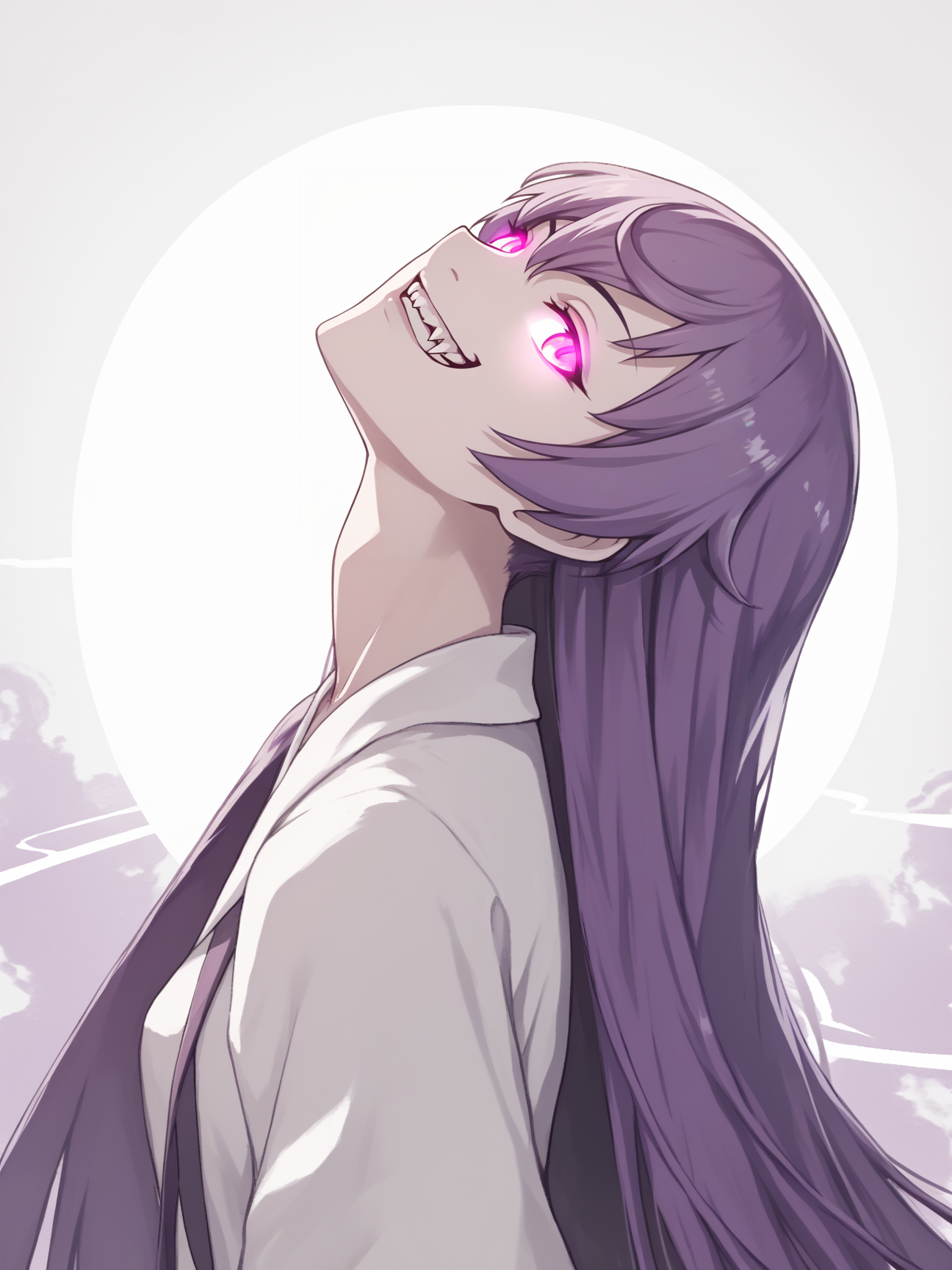 score_9, score_8_up, score_7_up, score_6_up, score_5_up, score_4_up, source_anime, source_cartoon,
1girl, (shaft head tilt), <lora:shaft_head_tilt-PD-1.0:1>, 
very long hair, purple hair, open mouth, abstract background, purple theme, glowing eyes, fangs, grin, monogatari \(series\),