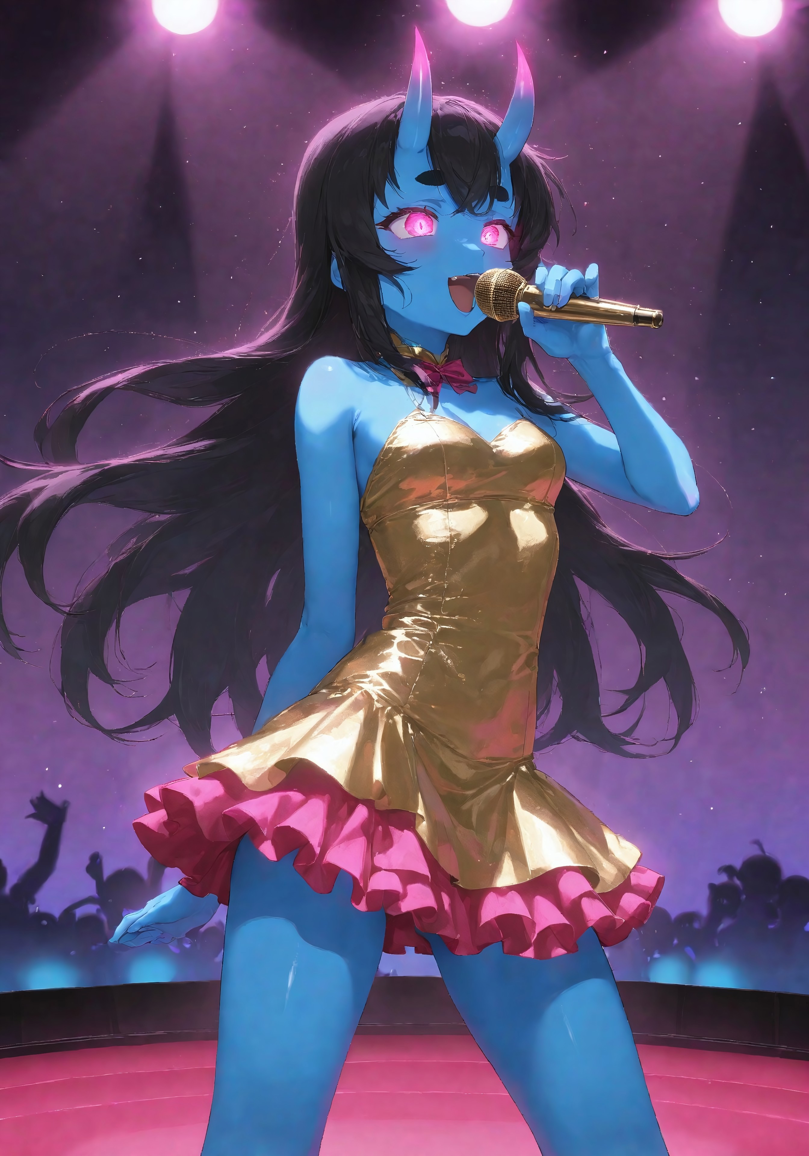 Kuroni Black, colored skin, deep blue skin, Aka-Oni, oni girl, straight horns, black hair, long hair, pink eyes , glowing eyes, short thick eyebrows, eye trails, light trails, sparkling (((adult))), idol, idol outfit, singing, on a stage, colored lights
