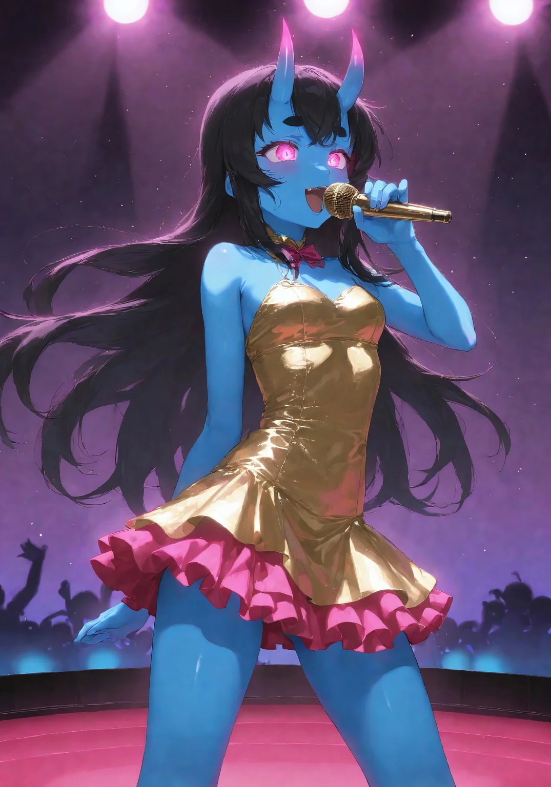 Kuroni Black, colored skin, deep blue skin, Aka-Oni, oni girl, straight horns, black hair, long hair, pink eyes , glowing eyes, short thick eyebrows, eye trails, light trails, sparkling (((adult))), idol, idol outfit, singing, on a stage, colored lights