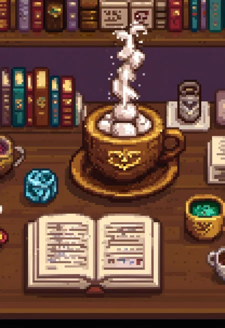 pixel art, digital art, A cozy study where a sugar cube sits at an ornate desk carved from chocolate, surrounded by books titled "The Sweetness of Existence" and "Crystallized Thoughts." A steaming cup of coffee looms ominously nearby, threatening dissolution. Rendered in Renaissance-inspired chiaroscuro lighting with hyper-detailed textures on the sugar cubeâs crystalline surface, this humorous piece reflects on mortality and purpose through edible fragility.