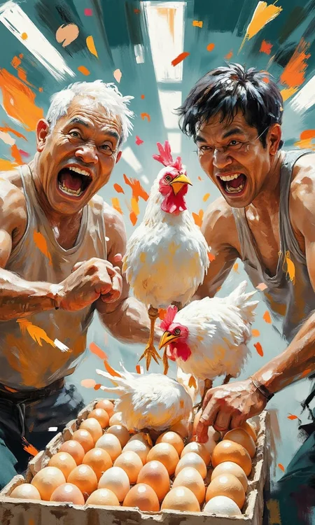 A group of Asian seniors frantically fighting for eggs, with highly expressive exaggerated expressions and scrambling movements, in the supermarket, with hens and feathers flying around<flux.1_lora_flyway_ink-dynamic.safetensors:1.3:1.3>