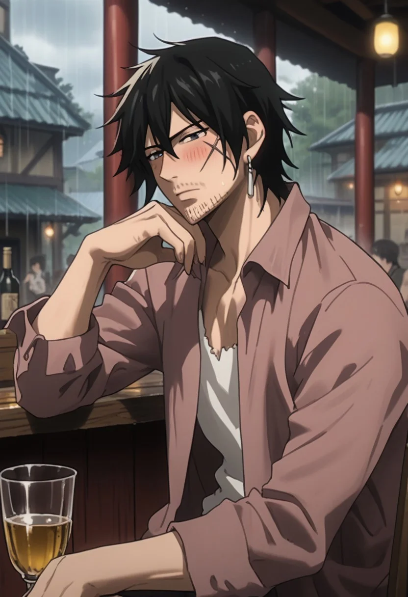 score_9, score_8_up, score_7_up, source_anime, rating_safe, drunk, holding bottle, MestFT, Mest scar, grey Mest earrings, black Mestu hair, 1boy, male focus, red Mest jacket, white Mest shirt, blush, cropped legs, sitting, blurry indoor tavern, window, raining outdoors, stool, gloomy, realistic lighting,
