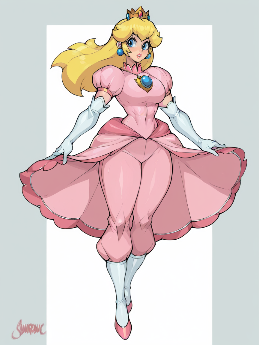 score_9, score_8_up, score_7_up, score_6_up, score_5_up,  <lora:Sh4rd4n1cXLP:1> sh4rd4n1c, muscular female, curvy, 1girl, solo, long hair, full body, princess peach