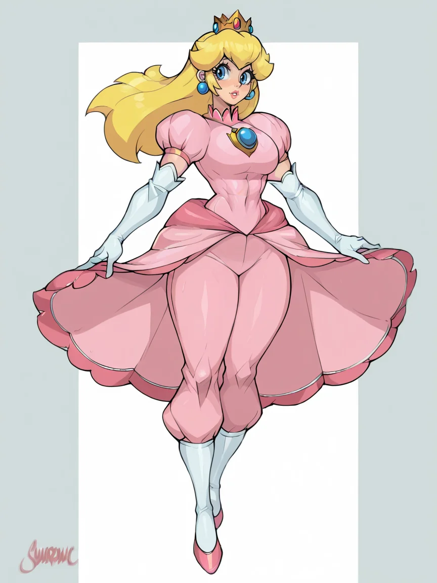 score_9, score_8_up, score_7_up, score_6_up, score_5_up,  <lora:Sh4rd4n1cXLP:1> sh4rd4n1c, muscular female, curvy, 1girl, solo, long hair, full body, princess peach