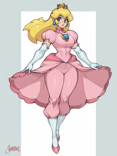 score_9, score_8_up, score_7_up, score_6_up, score_5_up, <lora:Sh4rd4n1cXLP:1> sh4rd4n1c, muscular female, curvy, 1girl, solo, long hair, full body, princess peach