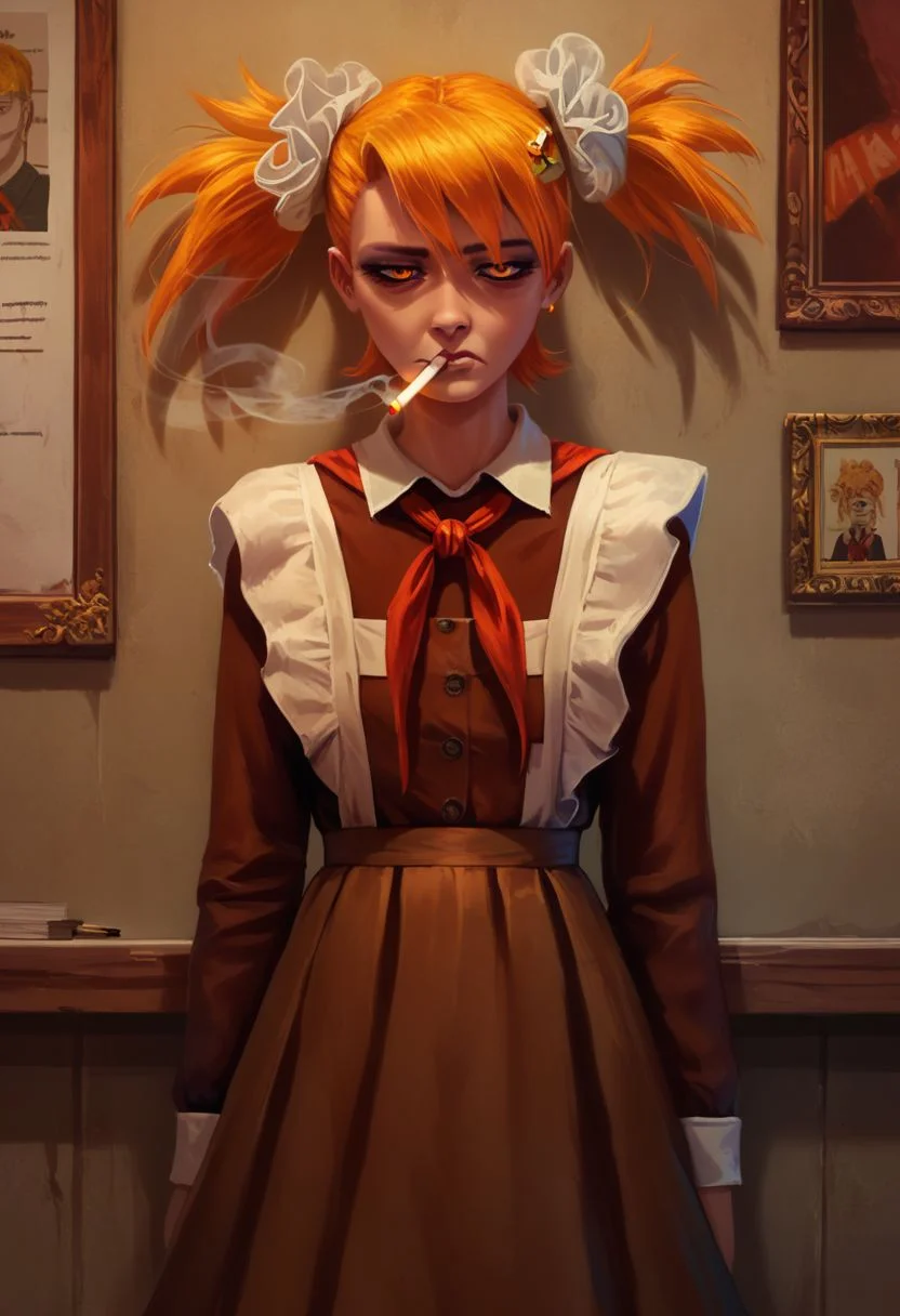 score_9, score_8_up, score_7_up, orange eyes, orange hair, short twintails, yellow hair ornament, AliceDv, soviet schoolgirl uniform, frilled apron, frilled hair scrunchie, red neckerchief, long skirt, tired, smoking, cigarette, empty classroom, evening, 80s punk clothing, concept art, digital art, realistic,