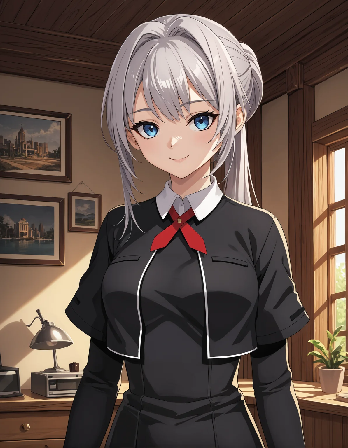 score_9, score_8_up, source_anime, 1girl, solo, upper body, medium shot, detailed, mgrcyakumomitama, mtmcsl, grey hair, ponytail, blue eyes, (black open jacket:1.1), (white collar:0.8), red necktie, short over long sleeves, black sleeves, black dress, indoors, light smile, (side view:0.6), <lora:mgrcyakumomitama_XL:1>