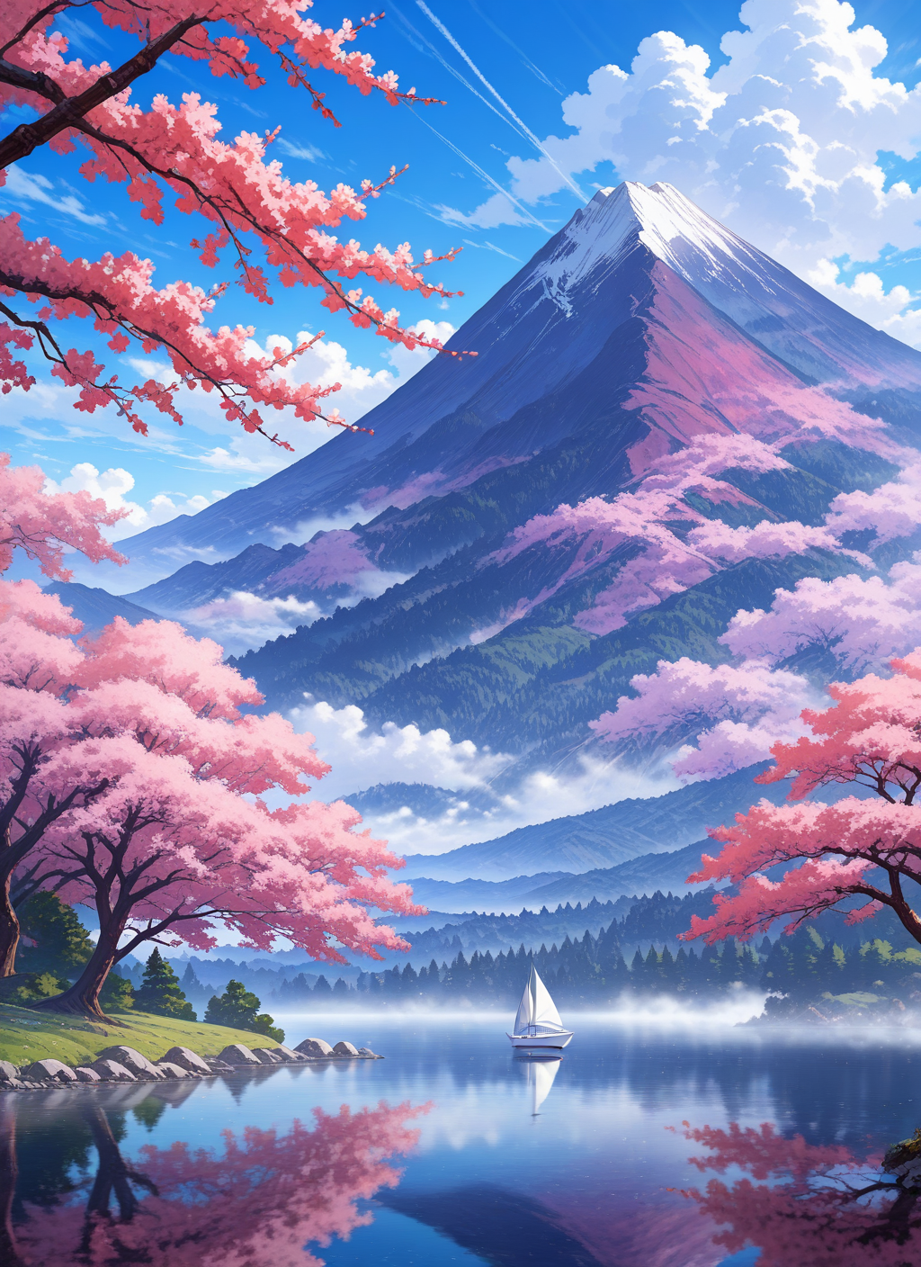 artist:, masterpiece, best quality, newest, very awa, absurdres, highres, scnr, daytime, fog, lake, cherry blossom, mountain, sailboat, trees, hills, blue sky, clouds, detailed, <lora:SDXL\Illustrous\Concept\Scenery_Enchancer-Illu-scnr:1.0>