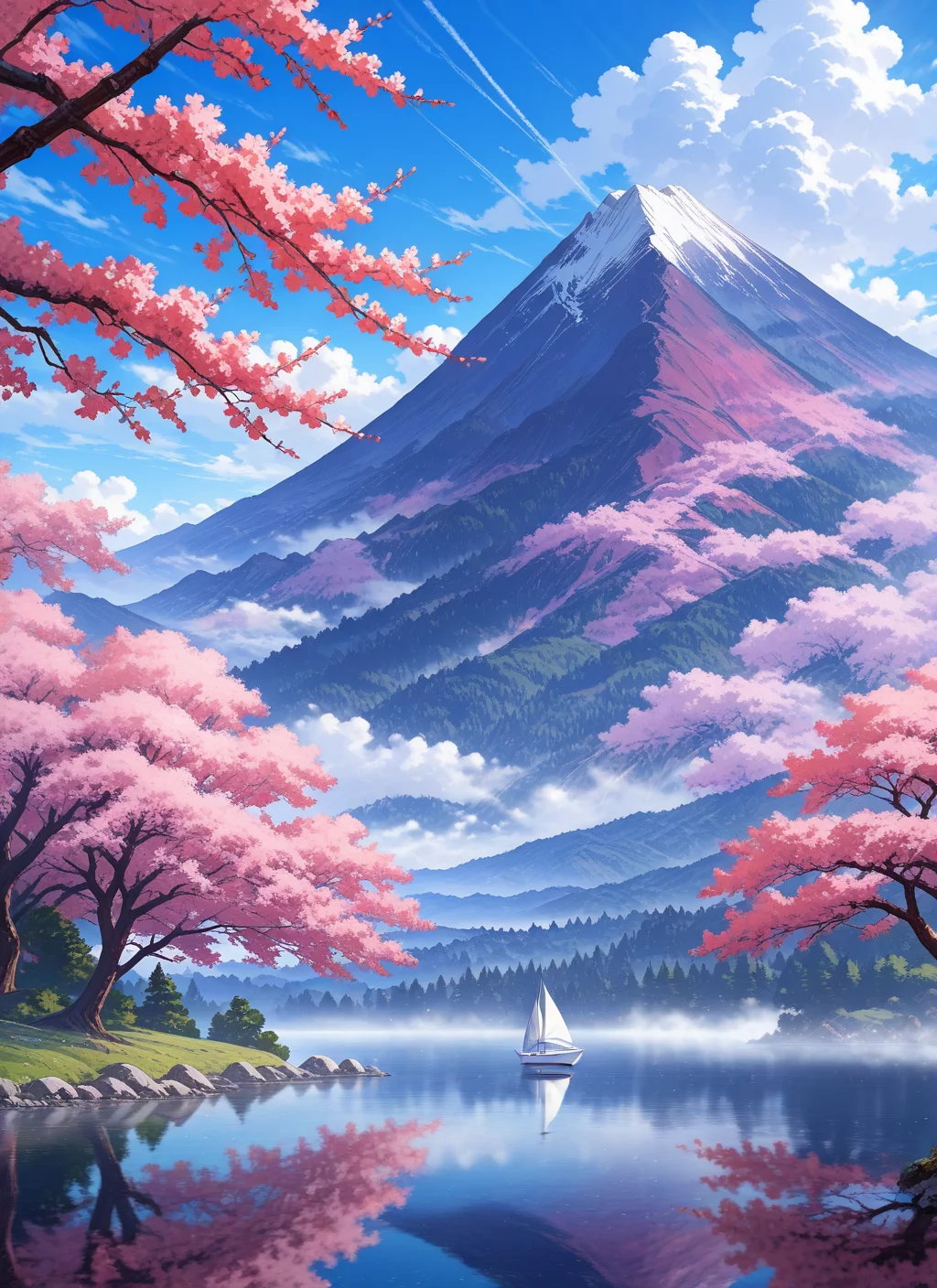 artist:, masterpiece, best quality, newest, very awa, absurdres, highres, scnr, daytime, fog, lake, cherry blossom, mountain, sailboat, trees, hills, blue sky, clouds, detailed, <lora:SDXL\Illustrous\Concept\Scenery_Enchancer-Illu-scnr:1.0>