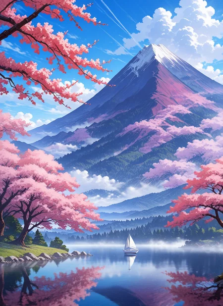 artist:, masterpiece, best quality, newest, very awa, absurdres, highres, scnr, daytime, fog, lake, cherry blossom, mountain, sailboat, trees, hills, blue sky, clouds, detailed, <lora:SDXL\Illustrous\Concept\Scenery_Enchancer-Illu-scnr:1.0>