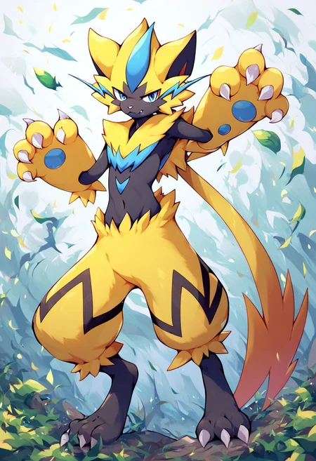 zeraora, furry, pokemon (creature), 1other, standing, full body,score_9, score_8, score_7_up, score_6_up