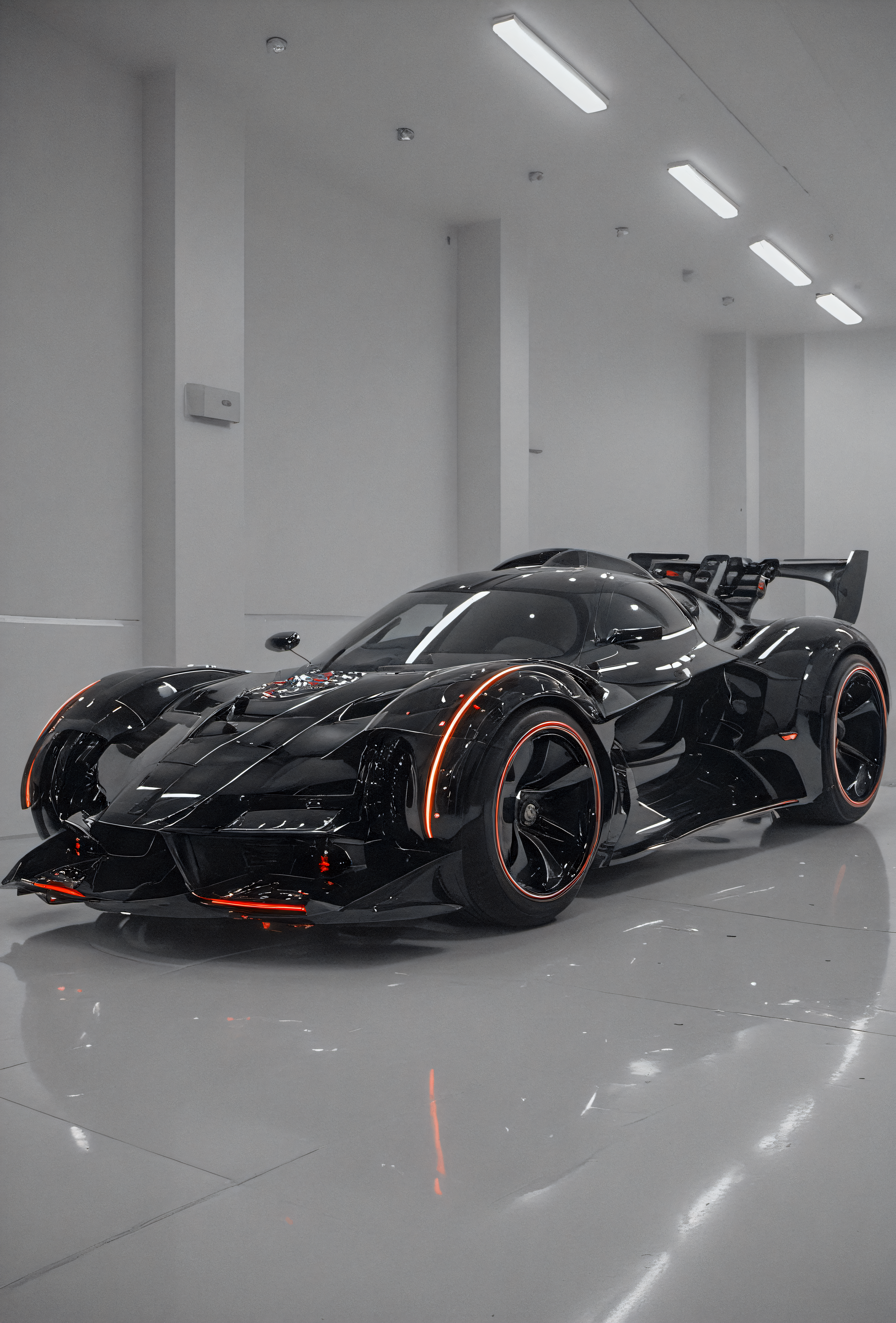 cinematic film still breathtaking (Futuristic Black-Batmobile),side view,intricate details,
in a white-showroom,
bright neon lights,
multicolored lights.
vivid colors, vivid contrast, bold colors, 
white paved road . award-winning, professional, highly detailed . shallow depth of field, vignette, highly detailed, high budget, bokeh, cinemascope, moody, epic, gorgeous, film grain, grainy