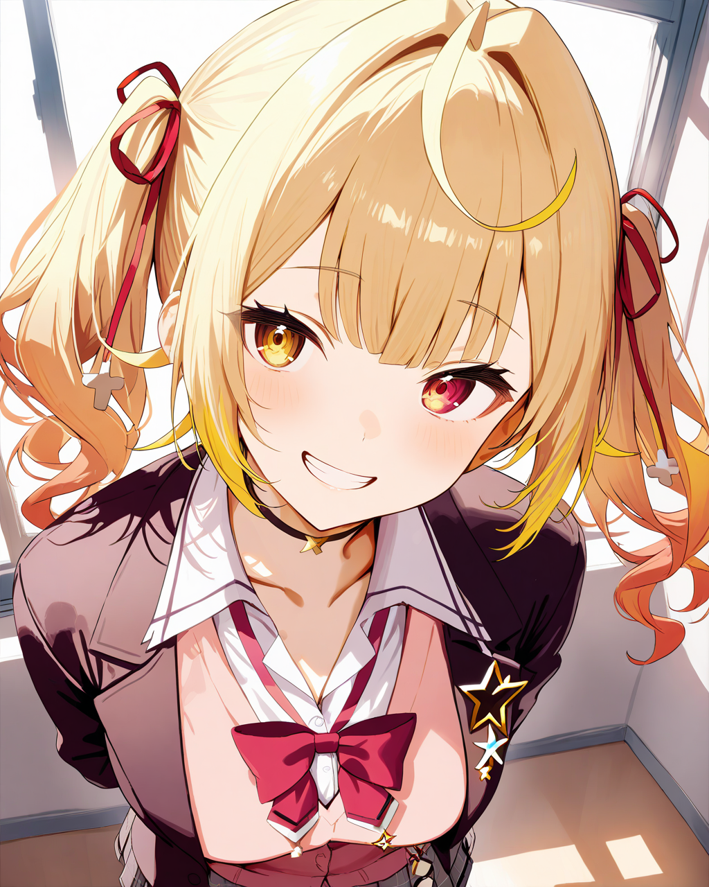1girl,
HoshikawaSaraNijisanji,
HoshikawaSaraNijisanji4thCostume,
safe, solo, perspective, dutch angle, close-up,
medium hair, orange hair, ahoge,
twintails, red ribbon,
yellow eyes, heterochromia, red eyes,
grin,
school uniform,
arms behind back,
black choker,
blazer, pink sweater, collared shirt,
lapel pin, 
large breasts,
school,
depth of field,
<lora:kp_HoshikawaSaraNijisanjiAnimagineXL_v1_1:1.0>
masterpiece, high score, great score, absurdres