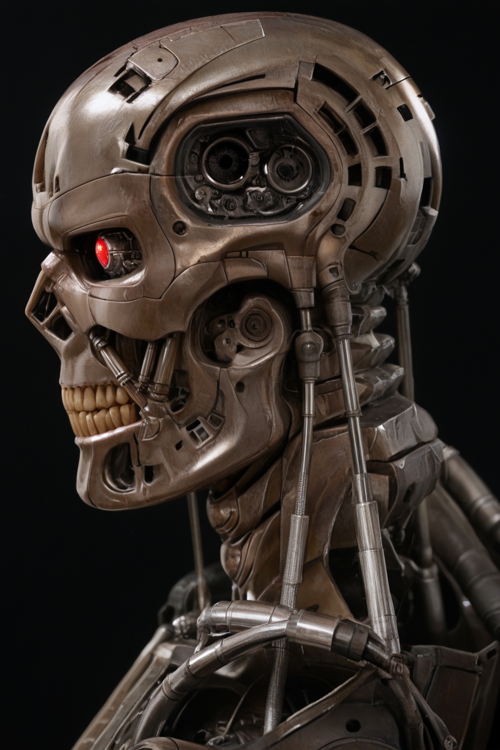 T800_Endo, Terminator robot, score_9, score_8_up, score_7_up, (source_IRL, source_movie), cinematic, realistic, masterpiece, high quality, highres RAW photo, ((close-up shot, close-up head shot, side profile view, from the side))
((an UpgradedT800_Endo Terminator Robot)) with red eyes, he is made of metal, he is made of shiny chrome metal, new, clean, <lora:T800_Endo_Terminator_Pony_v1-000013:1>
(standing)
black background
dynamic lighting, highly detailed, intricate details