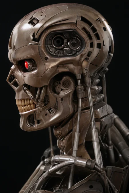 T800_Endo, Terminator robot, score_9, score_8_up, score_7_up, (source_IRL, source_movie), cinematic, realistic, masterpiece, high quality, highres RAW photo, ((close-up shot, close-up head shot, side profile view, from the side))
((an UpgradedT800_Endo Terminator Robot)) with red eyes, he is made of metal, he is made of shiny chrome metal, new, clean, <lora:T800_Endo_Terminator_Pony_v1-000013:1>
(standing)
black background
dynamic lighting, highly detailed, intricate details