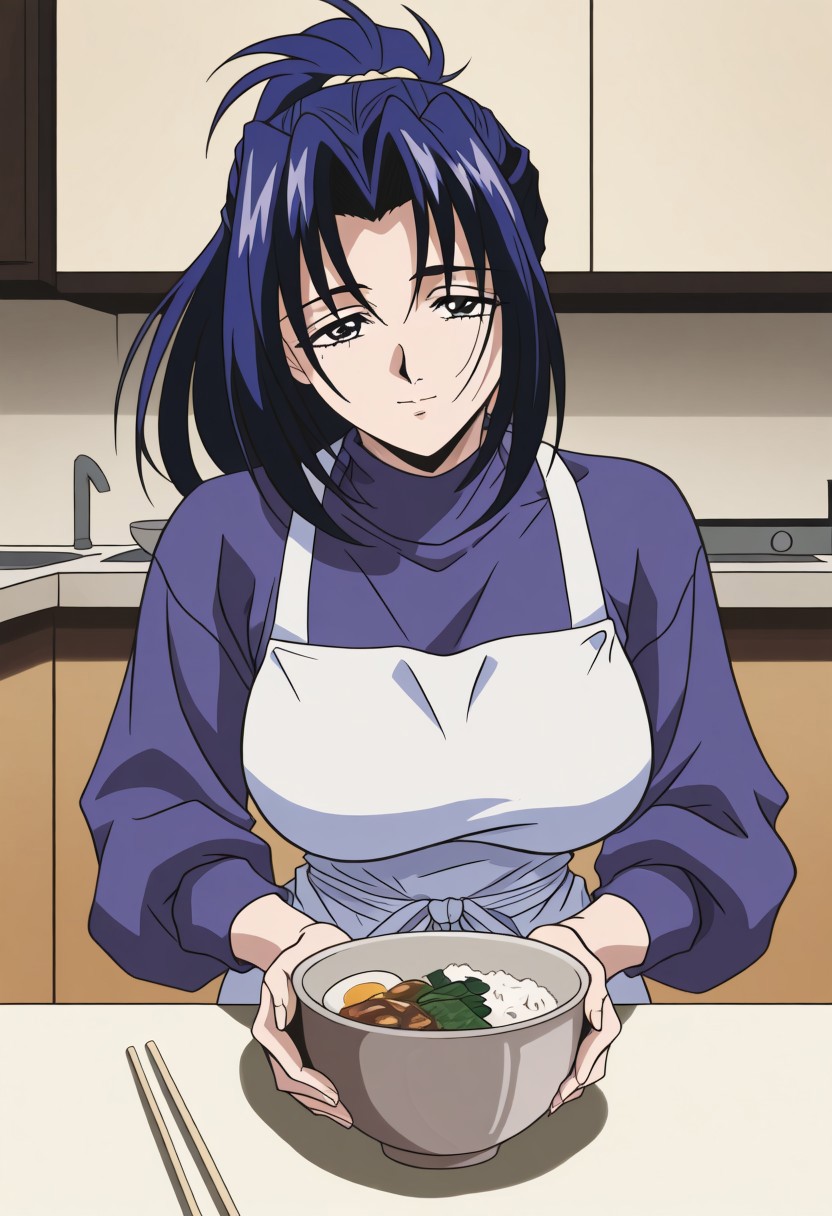 masterpiece, best quality, newest, highres, uncensored, 1girl, yokota mamoru style,1girl, slender face，motion lines,
Amou Miyuki OVA,Black Hair, Blue Hair, Curtained Hair, Parted in Middle, Ponytail, Waist Length Hair,Blue Eyes, Tareme Eyes,Big Breasts,solo, 1girl, black hair, apron, food, indoors, black eyes, long sleeves, bowl, table, sweater, kitchen, chopsticks, looking at viewer，The image is a digital drawing in an anime style, depicting a young woman sitting at a table in a dimly lit room. She has shoulder-length, dark hair and fair skin, with a slender, petite build. She is wearing a light-colored, long-sleeved shirt with a simple, possibly white apron over it. Her hands are placed together in front of her face, suggesting a contemplative or thoughtful expression.