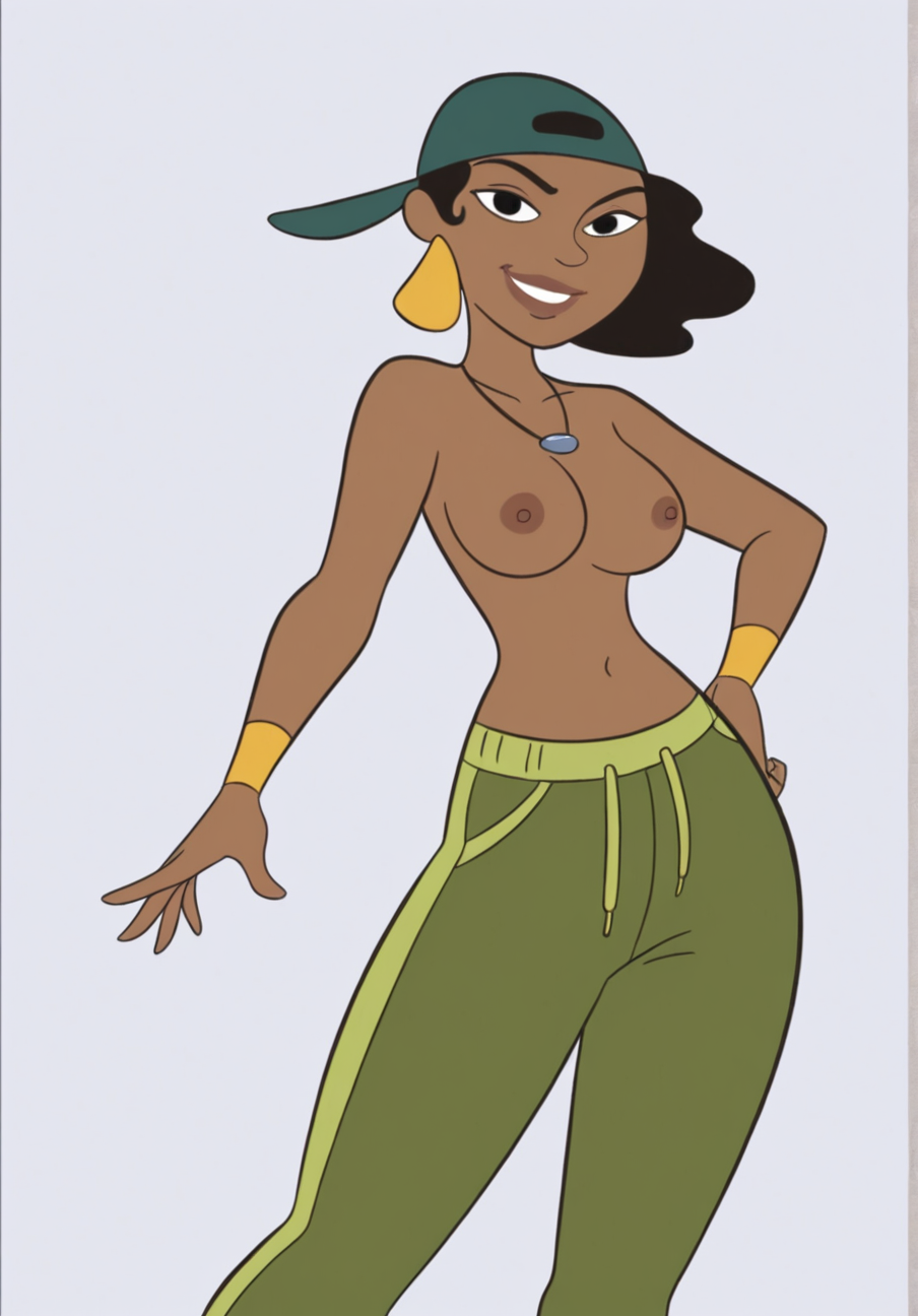 masterpiece, best quality, high quality, 

1girl, MCHoney, flat colors, parody, score_9, dark skin, black hair, black eyes, backwards hat, green pants,

simple white background, looking at viewer, smile, topless