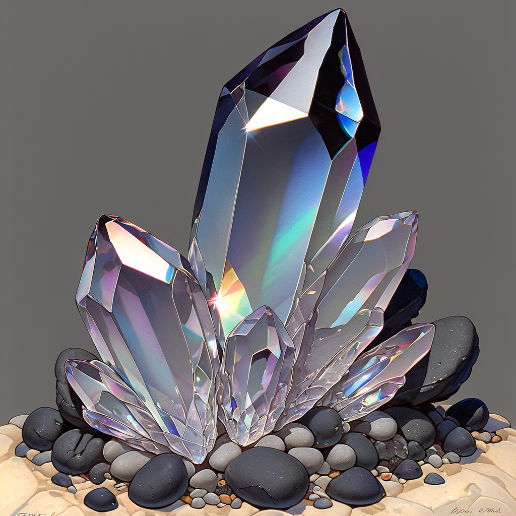 ArsMJStyle, Colored pencil hyperdetailed realism <lora:HyperdetailedColoredPencilV2SDXL:1> ArsMJStyle, Colored pencil hyperdetailed realism, The image is a digital illustration of a large shiny faceted crystal. The crystal is black in color and appears to be made of a shiny iridescent material. It is resting on a bed of small gray rocks and pebbles. The background is a light beige color and the crystal is the focal point of the image. The crystals are arranged in a way that they are overlapping each other creating a sense of depth and dimension. The image has a dreamy ethereal quality to it with the crystal appearing to be glowing and reflecting light., shiny, gradient background, gradient, gem, crystal, still life, no humans, glint, rock, simple background
