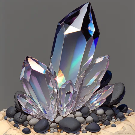 ArsMJStyle, Colored pencil hyperdetailed realism <lora:HyperdetailedColoredPencilV2SDXL:1> ArsMJStyle, Colored pencil hyperdetailed realism, The image is a digital illustration of a large shiny faceted crystal. The crystal is black in color and appears to be made of a shiny iridescent material. It is resting on a bed of small gray rocks and pebbles. The background is a light beige color and the crystal is the focal point of the image. The crystals are arranged in a way that they are overlapping each other creating a sense of depth and dimension. The image has a dreamy ethereal quality to it with the crystal appearing to be glowing and reflecting light., shiny, gradient background, gradient, gem, crystal, still life, no humans, glint, rock, simple background