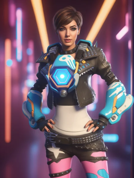 cybernetic girl dressed as tracer person <lora:overwatch-000007:0.7>, futuristic, metallic, glowing neon, high-tech, intricate