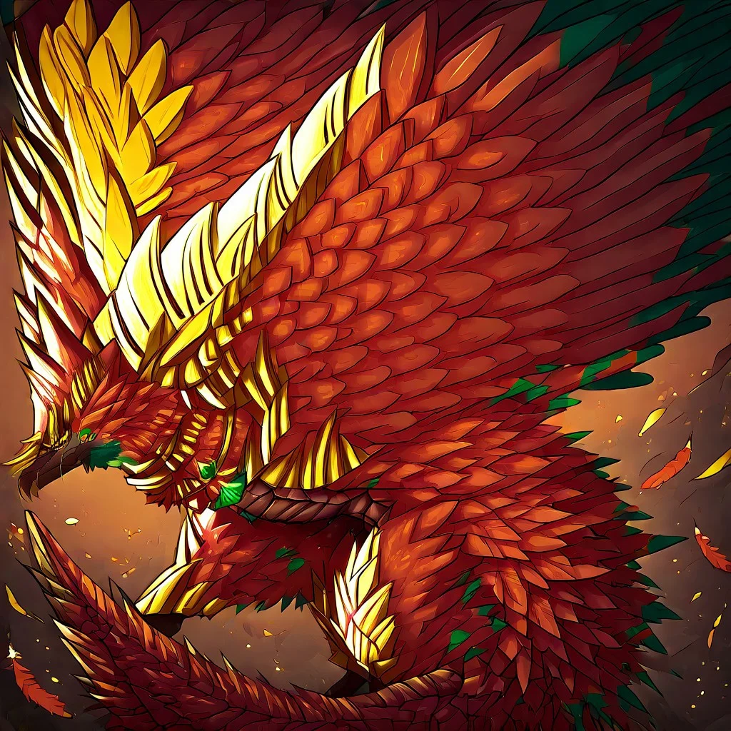 Yharon, golden horns, tail, dragon, bird, claws, no human, 4 eyes, feathered wings, talons, sharp teeth, intricate wing details, red and gold scales, glowing emerald eyes, large fiery wings with orange and green feathers