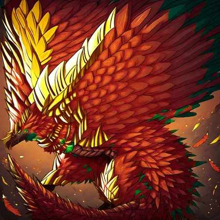 Yharon, golden horns, tail, dragon, bird, claws, no human, 4 eyes, feathered wings, talons, sharp teeth, intricate wing details, red and gold scales, glowing emerald eyes, large fiery wings with orange and green feathers